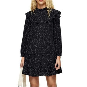 Topshop Black/White Retro Polka Dot Baby Doll Ruffle Yoke Mini Dress Size 12